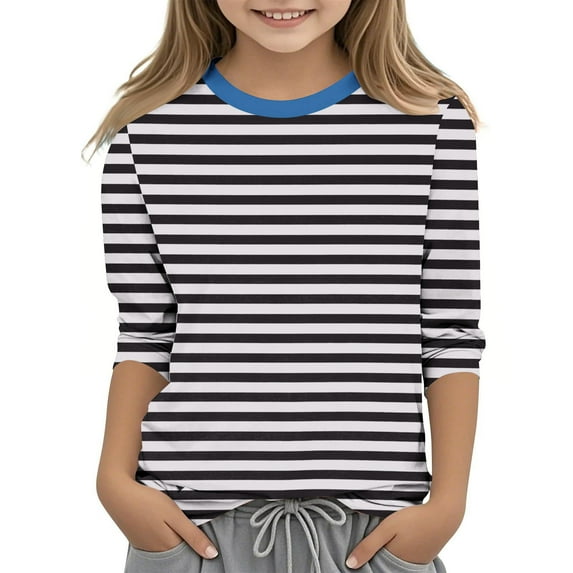 3/4 Sleeve T-Shirt for Girls Striped Crew Neck Top Basic Stretch Tee Loose Casual Thermal Sweatshirt Kids Fall Winter Clothes Tunic Tops Cute Loose Color Block Long Sleeve Top 4-15 Years