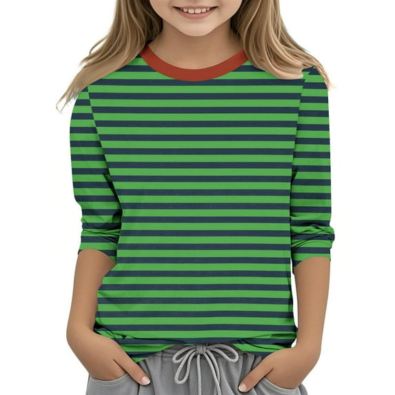3/4 Sleeve T-Shirt for Girls Striped Crew Neck Top Basic Stretch Tee Loose Casual Thermal Sweatshirt Kids Fall Winter Clothes Tunic Tops Cute Loose Color Block Long Sleeve Top 4-15 Years