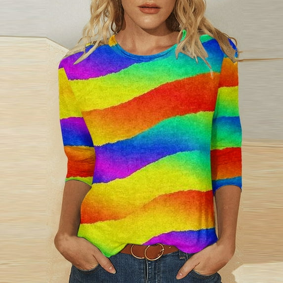 3/4 Sleeve T Shirts For Women Casual Style Round Neck Colorful Printed T Shirt Top Slim 2025 Fall Blouses Pullover Outfits