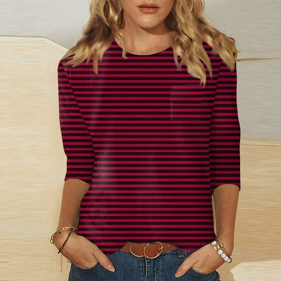 3/4 Sleeve T Shirts For Women Casual Versatile Regular Stripe Print Round Neck Shirt Top 2025 Fall Blouses Pullover Outfits