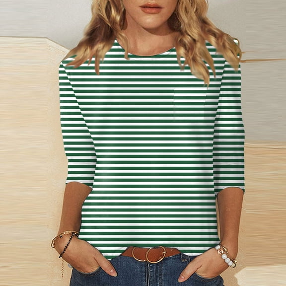 3/4 Sleeve T Shirts For Women Casual Versatile Regular Stripe Print Round Neck Shirt Top Fall Basic Work Tee Vacation Clothes