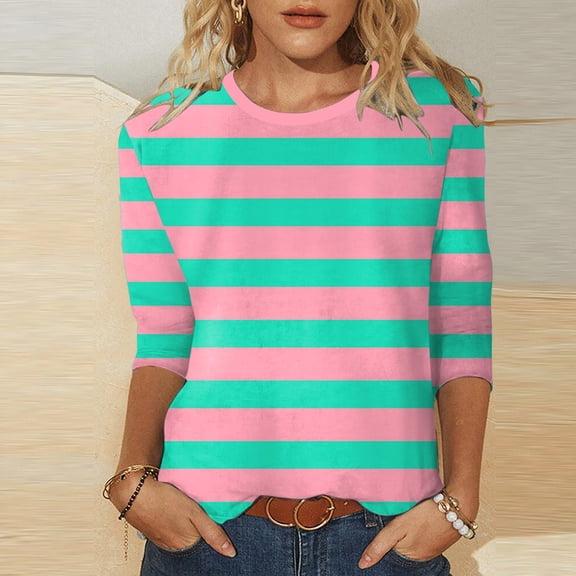 3/4 Sleeve T Shirts For Women Classic Stripe Print Casual Crew Neck Tunic Tops Business Casual Fall Basic Work Tee Vacation Clothes