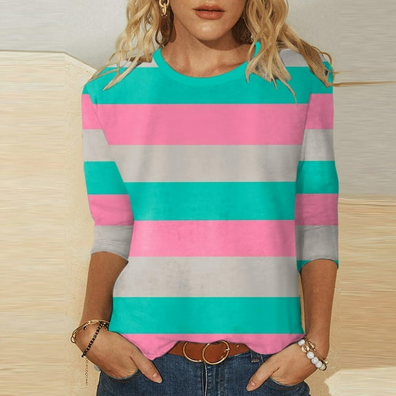 3/4 Sleeve T Shirts For Women Classic Stripe Print Casual Crew Neck Tunic Tops Business Casual Fall Basic Work Tee Vacation Clothes