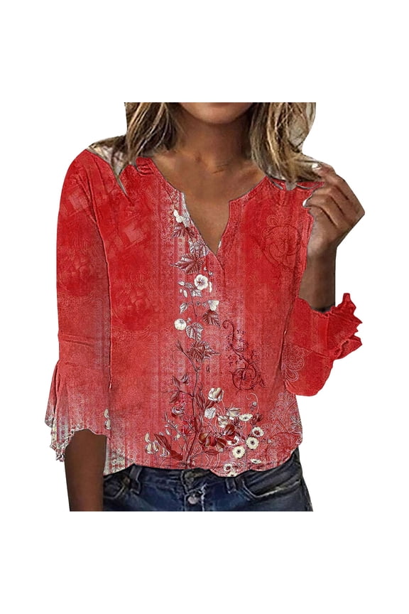 Basic T Shirts for Women 3/4 Sleeve T Shirts For Women Summer Tops Seven Split Sleeve Shirt Big Size Sleeve Fashion Shirt V-Neck Blouses for Women Dressy Casual Summer Tops For Women