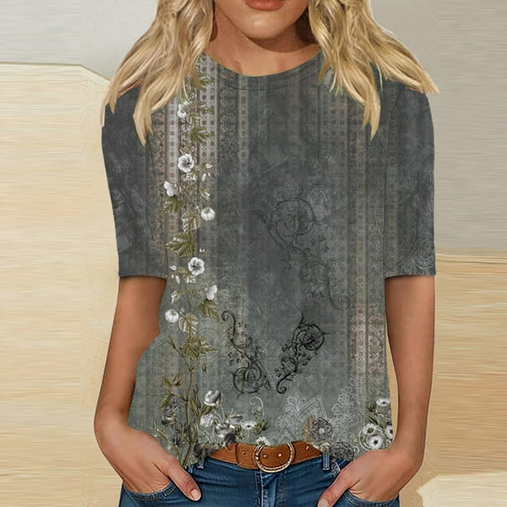 3/4 Sleeve T Shirts For Women Trendy Classic Print Round Neck Loose Casual Pullover Tunic Summer Outfits Clothes 2025 Black XXXL