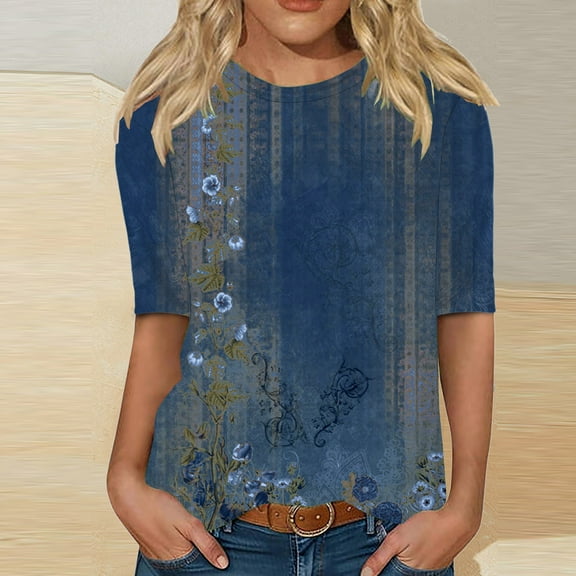 3/4 Sleeve T Shirts For Women Trendy Classic Print Round Neck Loose Casual Pullover Tunic Summer Outfits Clothes 2025 Blue M