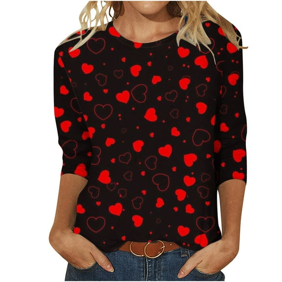 3/4 Sleeve T-Shirts Valentine's Day Love Heart Print Tops Women Summer Casual Crew Neck Basic Tee Tshirts S-5XL (X-Large, Black)