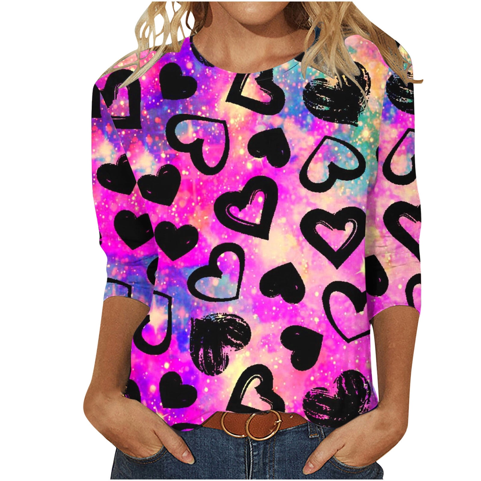 3/4 Sleeve T-Shirts Valentine's Day Love Heart Print Tops Women Summer ...