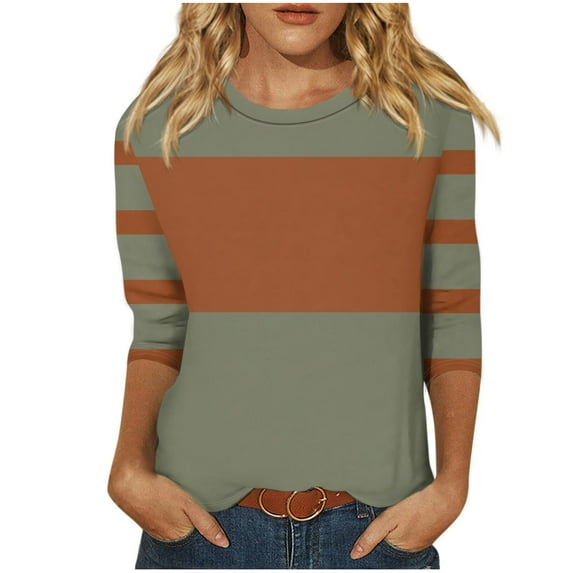 3/4 Sleeve T Shirts Women Cotton Striped Tops Loose Fit Crew Neck Colorblock Casual Summer Fall Basic Tee Tshirts (L, Army Green 01)