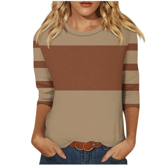3/4 Sleeve T Shirts Women Cotton Striped Tops Loose Fit Crew Neck Colorblock Casual Summer Fall Basic Tee Tshirts (L, Coffee 01)