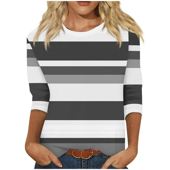 3/4 Sleeve T Shirts Women Cotton Striped Tops Loose Fit Crew Neck Colorblock Casual Summer Fall Basic Tee Tshirts (S, Dark Gray)
