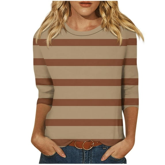 3/4 Sleeve T Shirts Women Cotton Striped Tops Loose Fit Crew Neck Colorblock Casual Summer Fall Basic Tee Tshirts (S, Khaki)