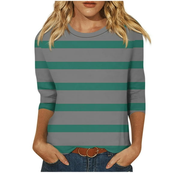 3/4 Sleeve T Shirts Women Cotton Striped Tops Loose Fit Crewneck Color Block Casual Summer Fall Basic Tee Tshirts (M, Gray)