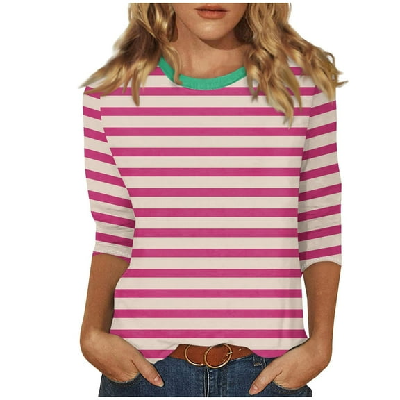 3/4 Sleeve T Shirts Women Cotton Striped Tops Loose Fit Crewneck Color Block Casual Summer Fall Basic Tee Tshirts (XL, Hot Pink)