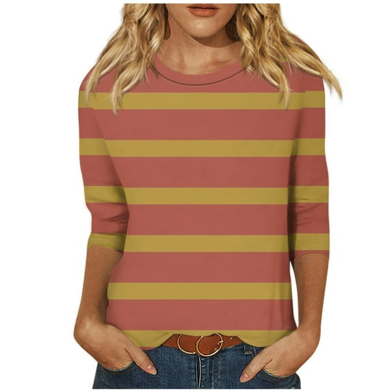3/4 Sleeve T Shirts Women Cotton Striped Tops Loose Fit Crewneck Color Block Casual Summer Fall Basic Tee Tshirts (XL, Red 02)
