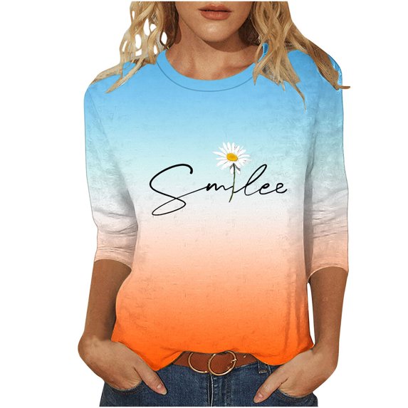 3/4 Sleeve T Shirts Women Daisy Flower Print Cute Summer Tunic Tops Gradient Color Tees Casual Trendy Clothes (L, Orange 01)