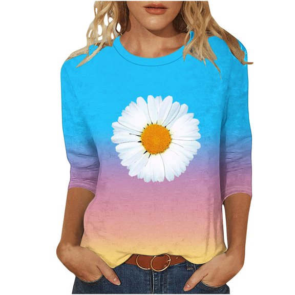 3/4 Sleeve T Shirts Women Daisy Flower Print Cute Summer Tunic Tops Gradient Color Tees Casual Trendy Clothes (L, Sky Blue)