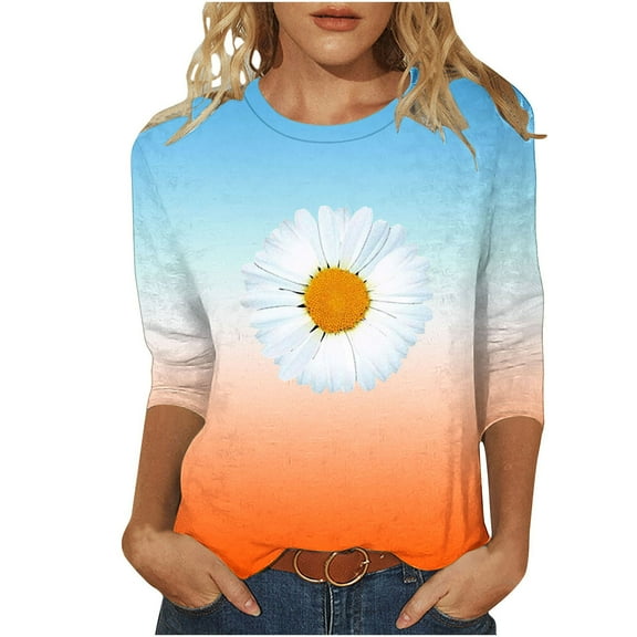 3/4 Sleeve T Shirts Women Daisy Flower Print Cute Summer Tunic Tops Gradient Color Tees Casual Trendy Clothes (M, Orange)