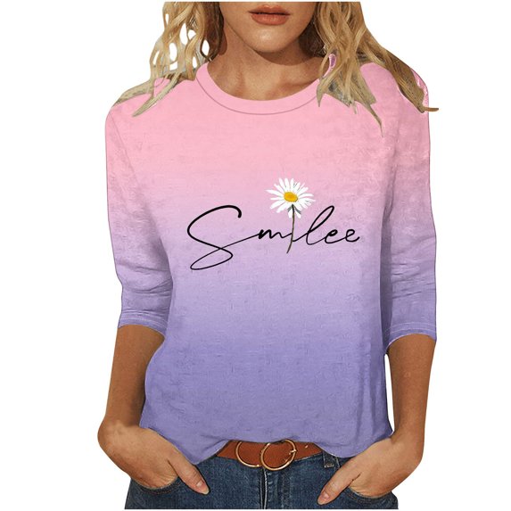 3/4 Sleeve T Shirts Women Daisy Flower Print Cute Summer Tunic Tops Gradient Color Tees Casual Trendy Clothes (S, Pink 01)