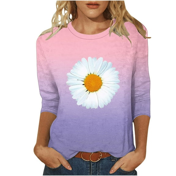 3/4 Sleeve T Shirts Women Daisy Flower Print Cute Summer Tunic Tops Gradient Color Tees Casual Trendy Clothes (S, Purple)