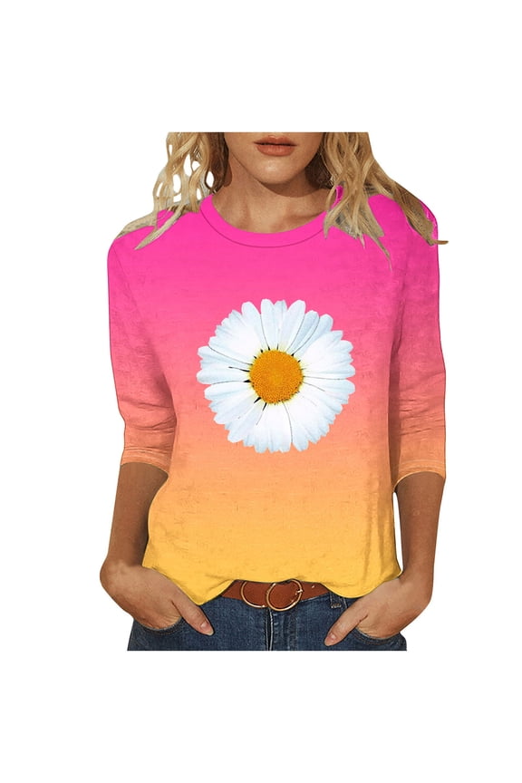 3/4 Sleeve T Shirts Women Daisy Flower Print Cute Summer Tunic Tops Gradient Color Tees Casual Trendy Clothes (XL, Hot Pink)