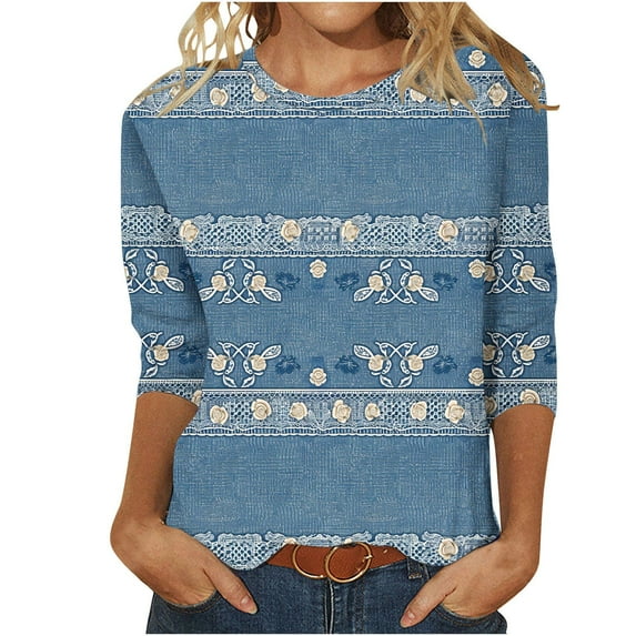 3/4 Sleeve T Shirts for Women Fashion Three Quarters Sleeve Blue Tees Loose Fit Crew Neck Printed Blouses Lightweight Comfortable Versatile Basic Fall Shirts 2024 Causal Clothes