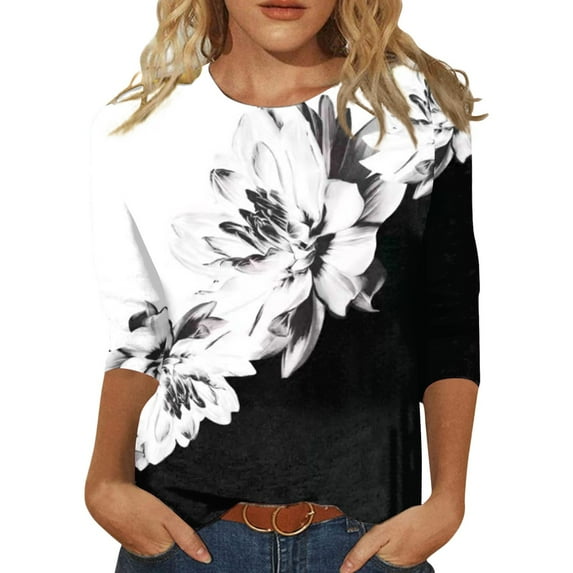 3/4 Sleeve T Shirts for Women Loose Fit Cotton Summer Ethnic Floral Slim Cute Summer Tops for Women 2023 Crewneck Slim Fit Half Sleeve Shirts for Girls Spring Womens Blouses and Tops
