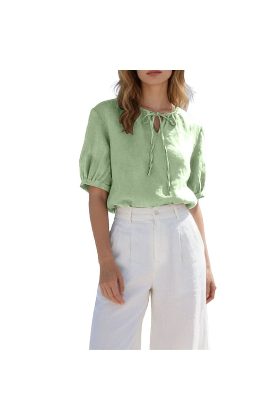 3/4 Sleeve T Shirts for Women Tie Front Puff Three Quarter Sleeve Pullover with Loose Fit for Spring Summer and Transitional Outfits 3/4 Length Sleeve Womens Tops