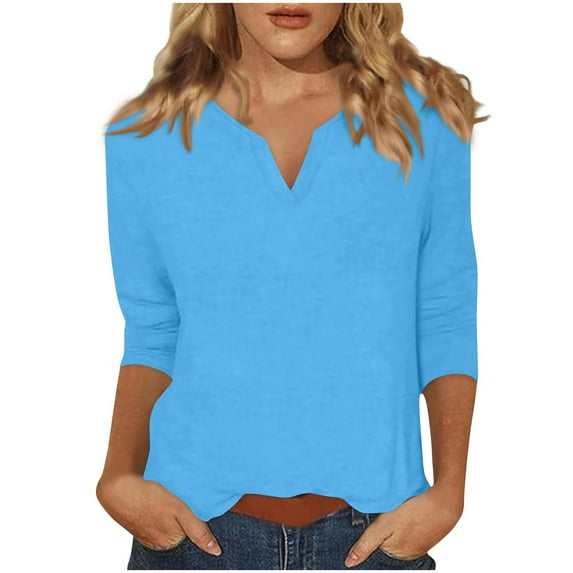 3/4 Sleeve T Shirts Women V-Neck 3/4 Length Sleeve Tops Solid Dressy Casual Loose Blouses for Work