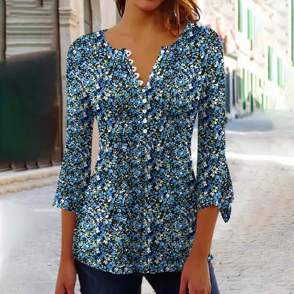 3/4 Sleeve T Shirts For Women,Women's Casual 3/4 Sleeve T-Shirts V Neck Cute Tunic Tops Basic Tees Blouses Loose Fit Business Work Tee Top Zeagoo Blue XXL