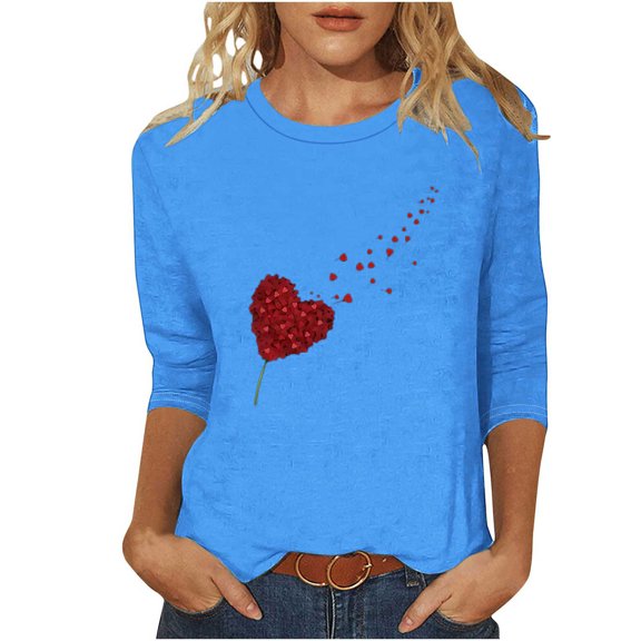 3/4 Sleeve T Shirts Womens Hearts Printed Valentines Day Tops Crew Neck Casual Base Tee Holiday Graphic Tshirts (S, Sky Blue)