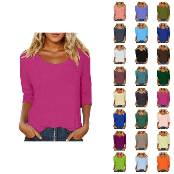 3/4 Sleeve T Shirts for Women 2025 Fall Casual Scoop Neck Solid Color Plain Basic Tshirt Womens T Shirts