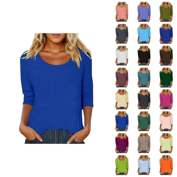 3/4 Sleeve T Shirts for Women 2025 Fall Casual Scoop Neck Solid Color Plain Basic Tshirt Womens T Shirts