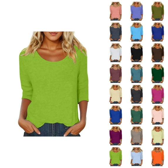 3/4 Sleeve T Shirts for Women 2025 Fall Casual Scoop Neck Solid Color Plain Basic Tshirt Womens T Shirts