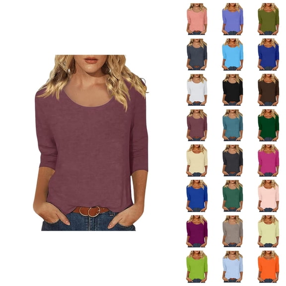 3/4 Sleeve T Shirts for Women 2025 Fall Casual Scoop Neck Solid Color Plain Basic Tshirt Womens T Shirts