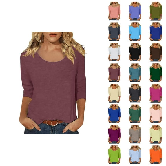 3/4 Sleeve T Shirts for Women 2025 Fall Casual Scoop Neck Solid Color Plain Basic Tshirt Womens T Shirts