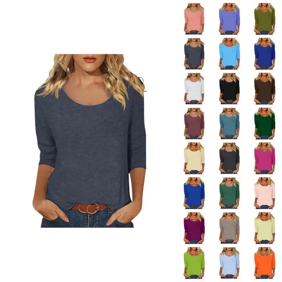 3/4 Sleeve T Shirts for Women 2025 Fall Casual Scoop Neck Solid Color Plain Basic Tshirt Womens T Shirts