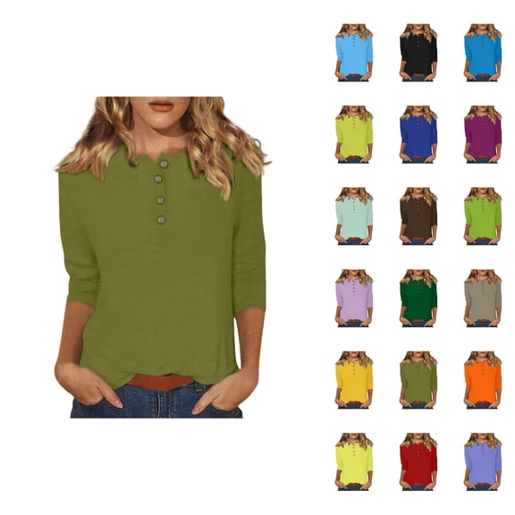3/4 Sleeve T Shirts for Women 2025 Fall Casual Solid Color Button Crewneck Plain Basic Tshirt Womens T Shirts
