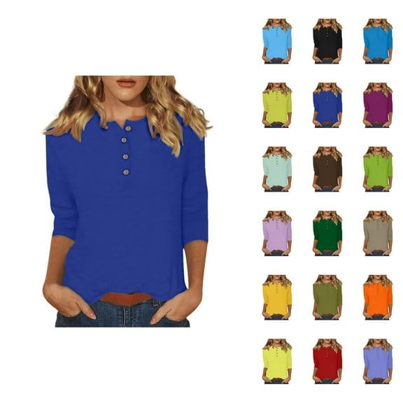 3/4 Sleeve T Shirts for Women 2025 Fall Casual Solid Color Button Crewneck Plain Basic Tshirt Womens T Shirts
