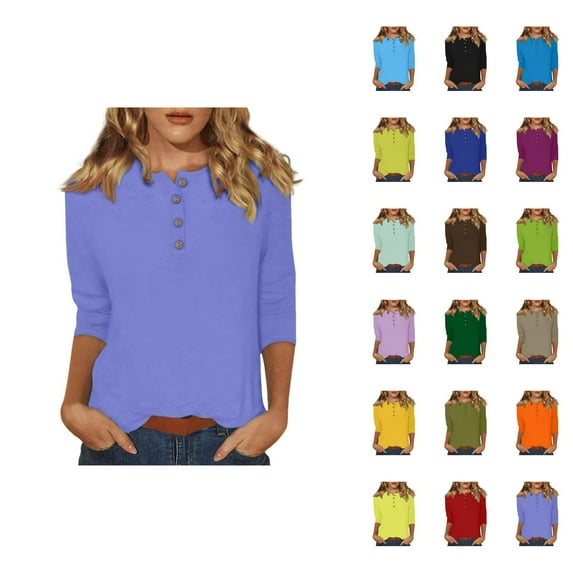 3/4 Sleeve T Shirts for Women 2025 Fall Casual Solid Color Button Crewneck Plain Basic Tshirt Womens T Shirts