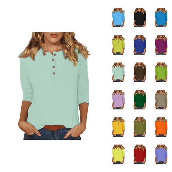 3/4 Sleeve T Shirts for Women 2025 Fall Casual Solid Color Button Crewneck Plain Basic Tshirt Womens T Shirts