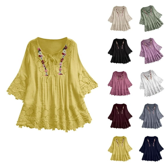 3/4 Sleeve T Shirts for Women 2025 Lace Patchwork Crewneck Front Tie Loose Casual Tshirt Womens T Shirts