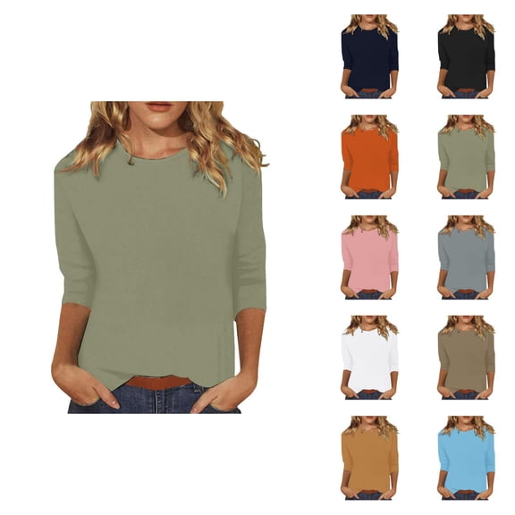 3/4 Sleeve T Shirts for Women 2025 Solid Color Crewneck Loose Fit Plain Basic Tshirt Tunic Tops Womens T Shirts