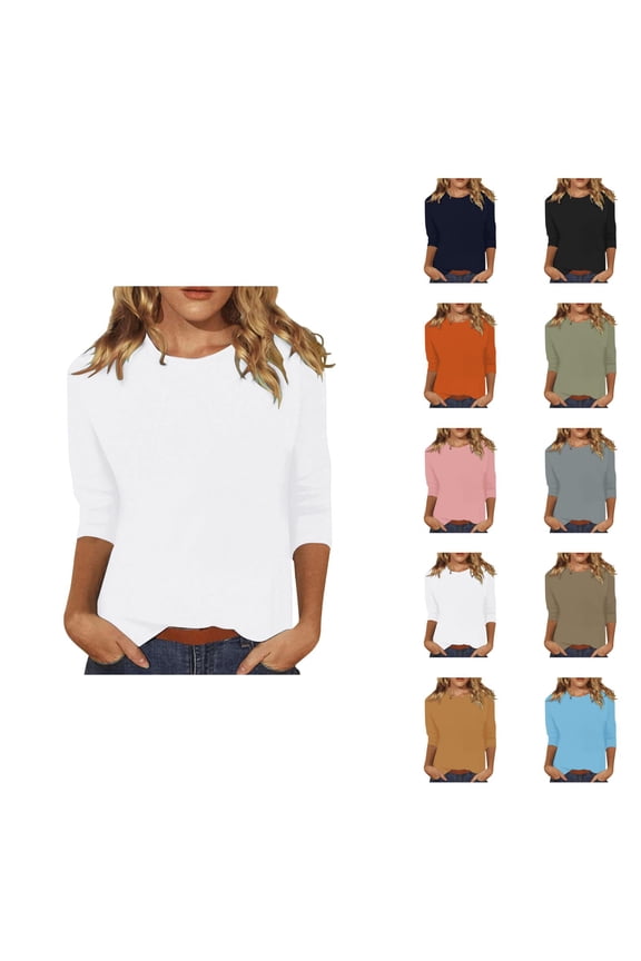 3/4 Sleeve T Shirts for Women 2025 Solid Color Crewneck Loose Fit Plain Basic Tshirt Tunic Tops Womens T Shirts