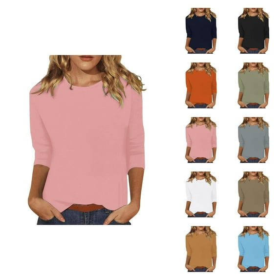 3/4 Sleeve T Shirts for Women 2025 Solid Color Crewneck Loose Fit Plain Basic Tshirt Tunic Tops Womens T Shirts