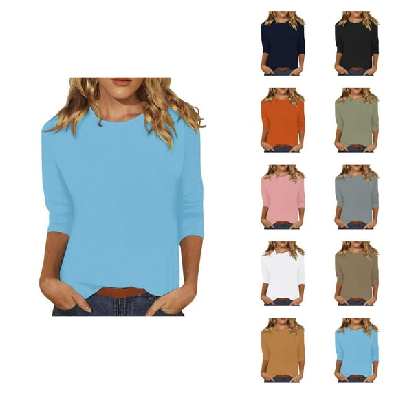 3/4 Sleeve T Shirts for Women 2025 Solid Color Crewneck Loose Fit Plain Basic Tshirt Tunic Tops Womens T Shirts