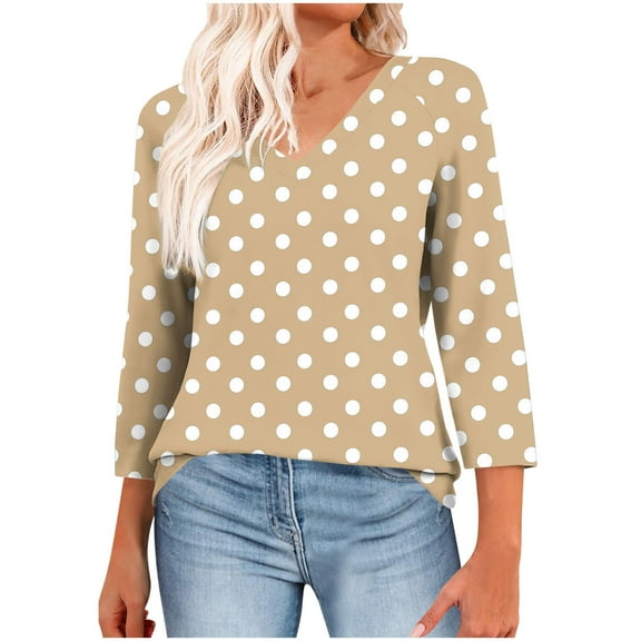 3/4 Sleeve T-Shirts for Women Casual Fashion Floral Print Graphic Basic Tee V Neck Tops Summer Fall Tshirts (2XL, Khaki|Dots)