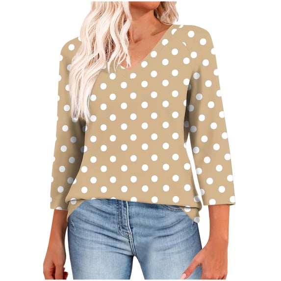 3/4 Sleeve T-Shirts for Women Casual Fashion Floral Print Graphic Basic Tee V Neck Tops Summer Fall Tshirts (M, Khaki|Dots)