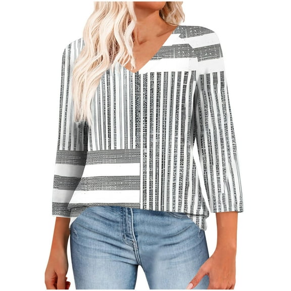 3/4 Sleeve T-Shirts for Women Casual Fashion Floral Print Graphic Basic Tee V Neck Tops Summer Fall Tshirts (XL, Gray|Striped)