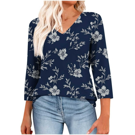 3/4 Sleeve T-Shirts for Women Casual Fashion Floral Print Graphic Basic Tee V Neck Tops Summer Fall Tshirts (XL, Navy)